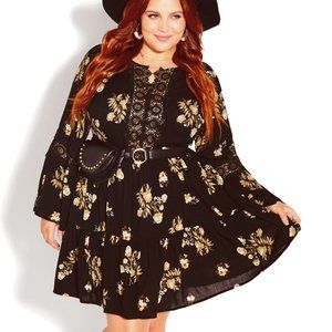City Chic Starling Reine Boho Fit & Flare Black Free My Soul Dress Size 14